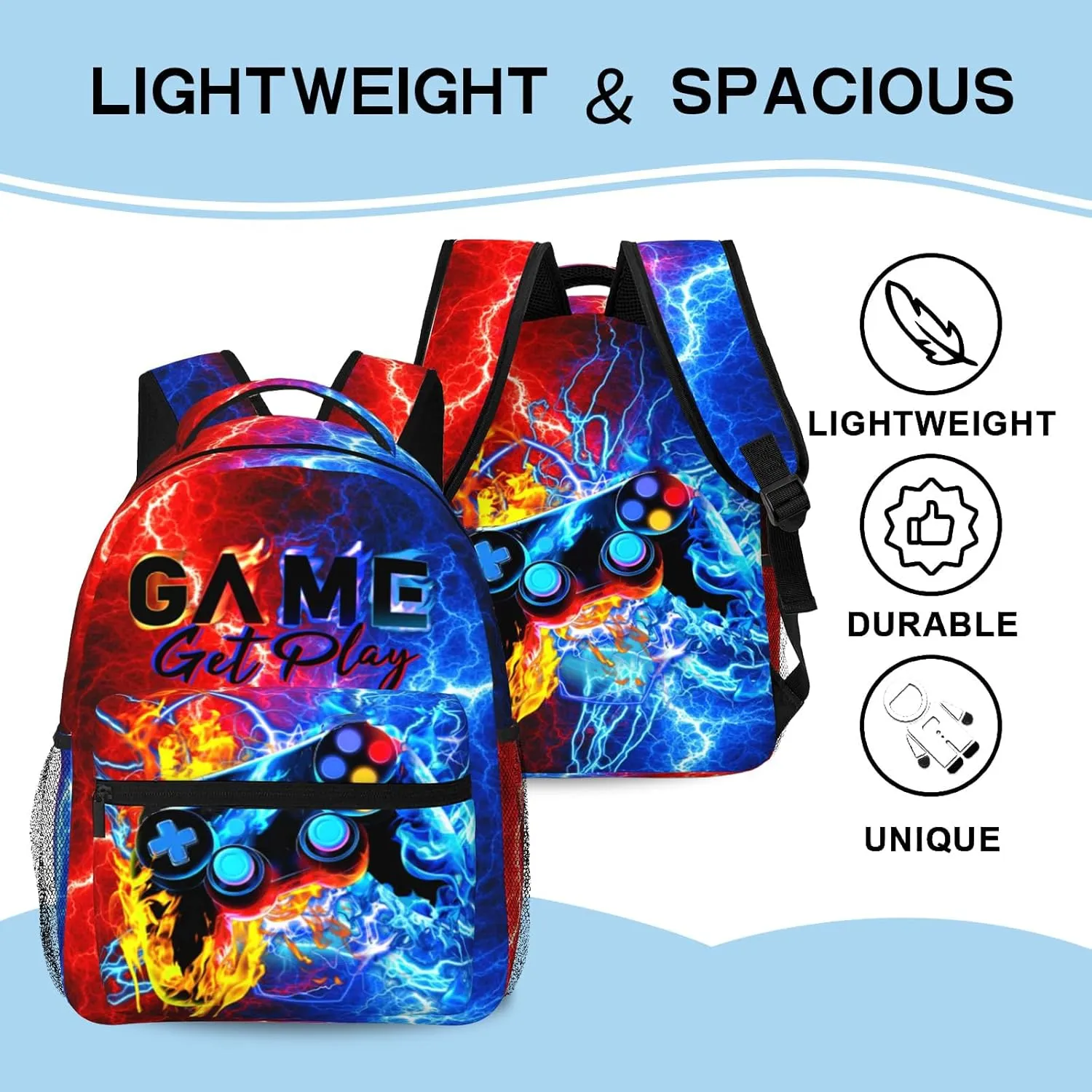 SENROLAN Abstract Gamepad Backpack for Boys & Girls Lightning Fire Games Gaming Print Bookbags Lightweight Waterproof Adjustable Colorful School Bags for Kids Teenager Travel Daypack Laptop Backpack