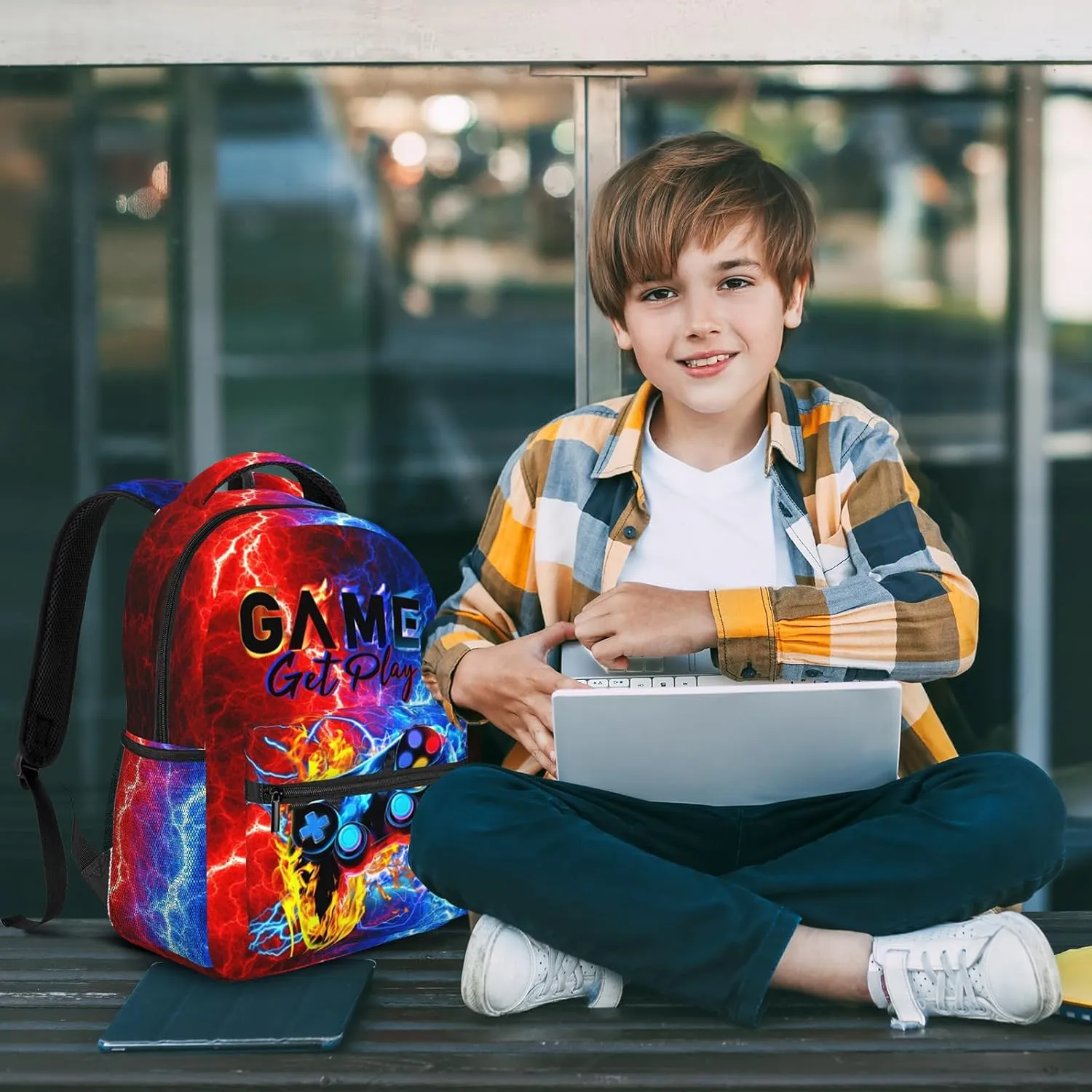 SENROLAN Abstract Gamepad Backpack for Boys & Girls Lightning Fire Games Gaming Print Bookbags Lightweight Waterproof Adjustable Colorful School Bags for Kids Teenager Travel Daypack Laptop Backpack