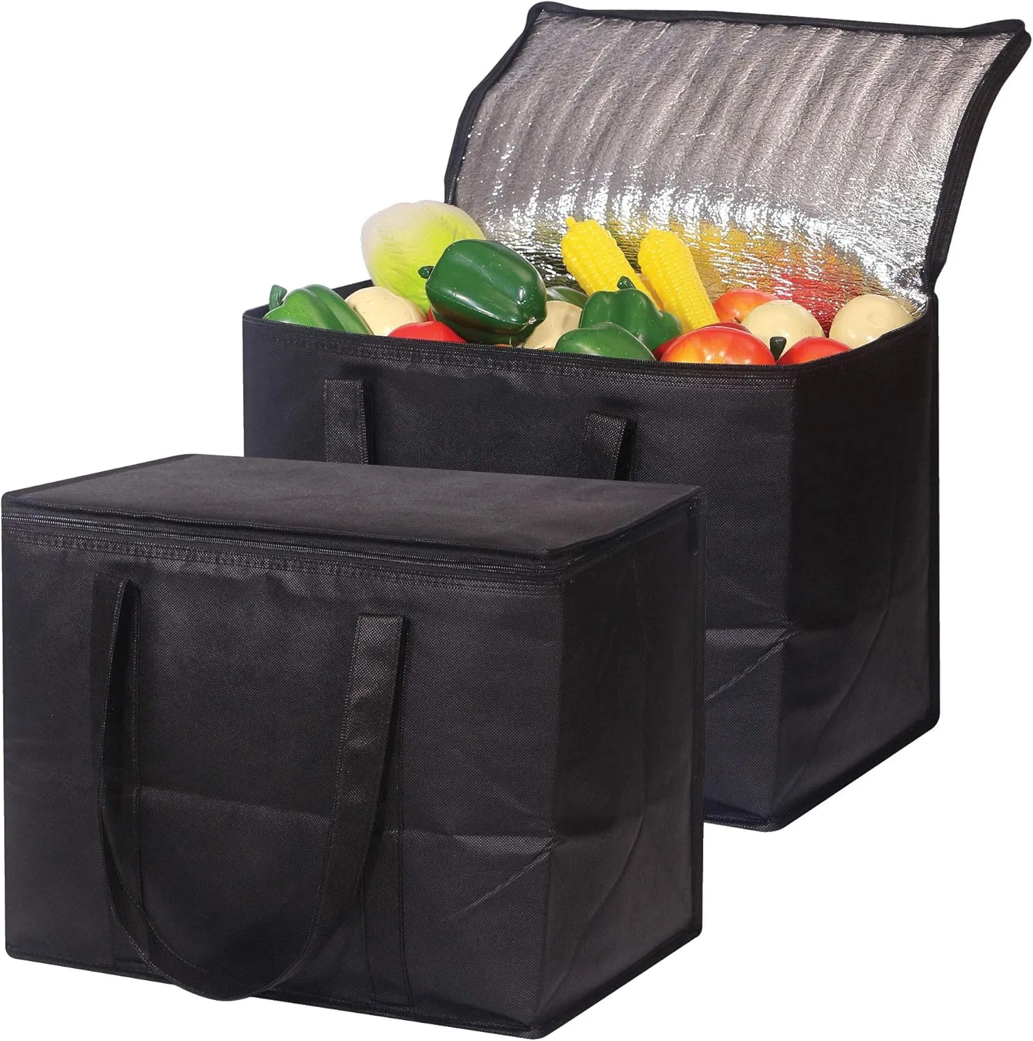 Set of 2 Large Insulated Reusable Grocery Bags with Sturdy Zipper and Handles, Foldable Washable Heavy Duty Cooler Totes for Hot or Cold Food Delivery, Groceries, Travel, Shopping