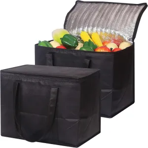 Set of 2 Large Insulated Reusable Grocery Bags with Sturdy Zipper and Handles, Foldable Washable Heavy Duty Cooler Totes for Hot or Cold Food Delivery, Groceries, Travel, Shopping