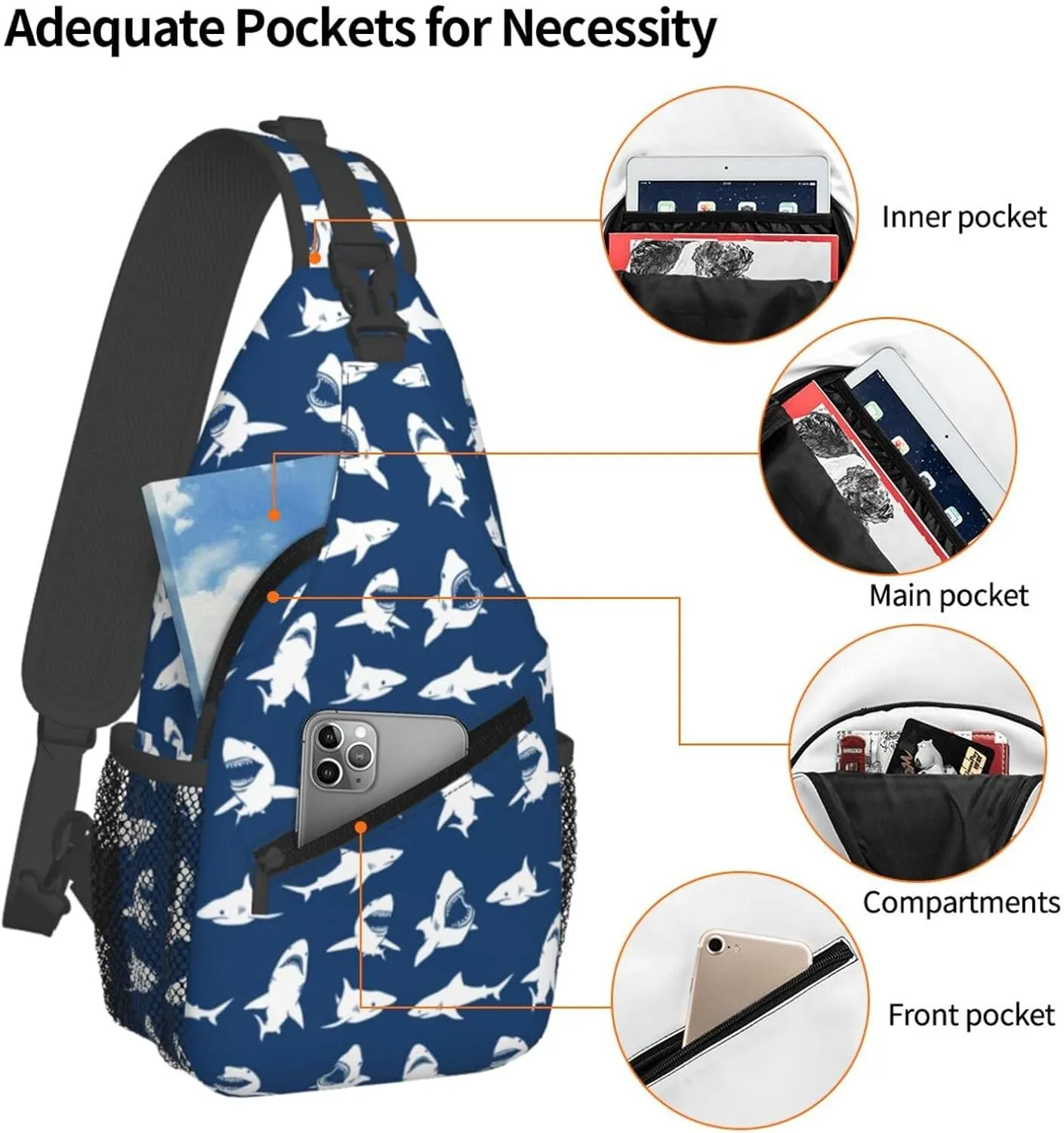Sharks Silhouettes Chest Sling Bag Crossbody Shoulder Backpack Bag Gym Cycling Travel Hiking Daypack Cross Bag