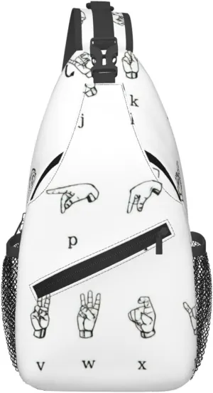 Sign Language Alphabet Print Sling Bag Crossbody Shoulder Backpack Chest Pack for Hiking Travel Climbing