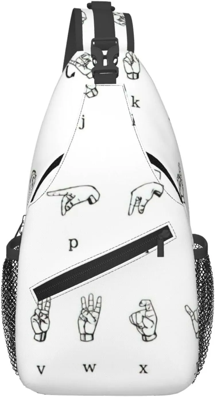 Sign Language Alphabet Print Sling Bag Crossbody Shoulder Backpack Chest Pack for Hiking Travel Climbing