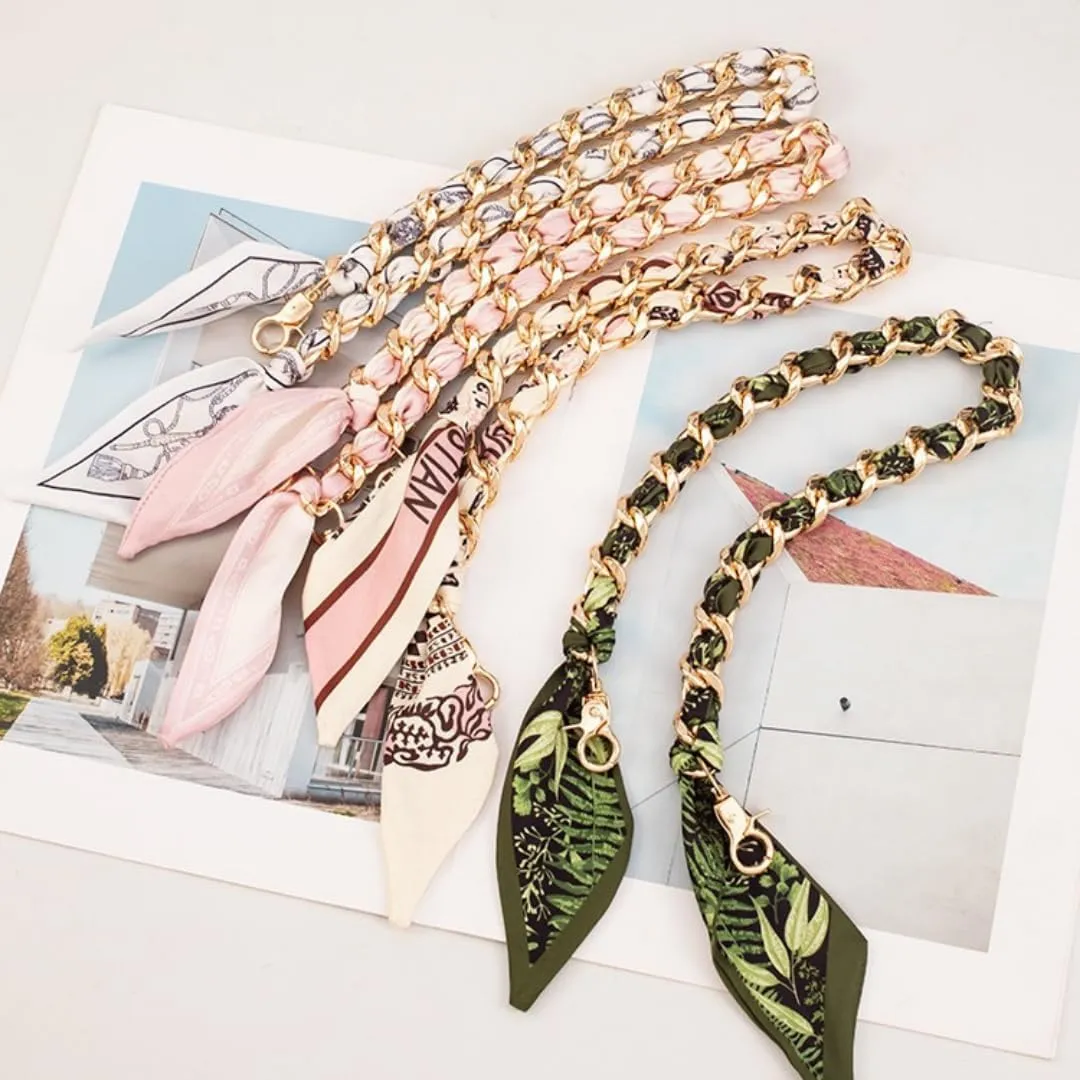 Silk-Wrapped Gold Bag Chain Charm Purse Strap Handle for Women, Handbag Replacement Shoulder Strap with Scarf