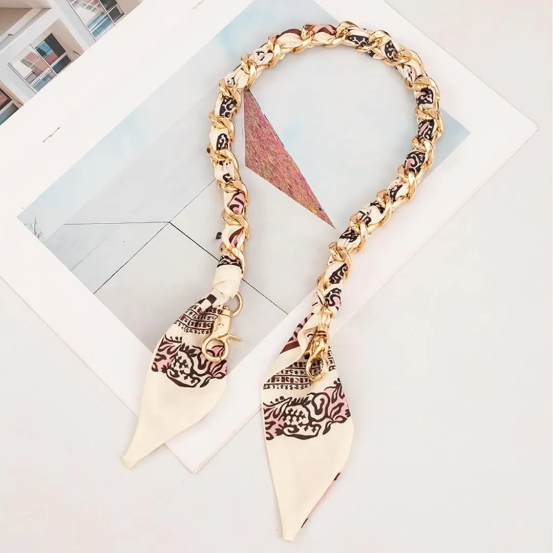 Silk-Wrapped Gold Bag Chain Charm Purse Strap Handle for Women, Handbag Replacement Shoulder Strap with Scarf