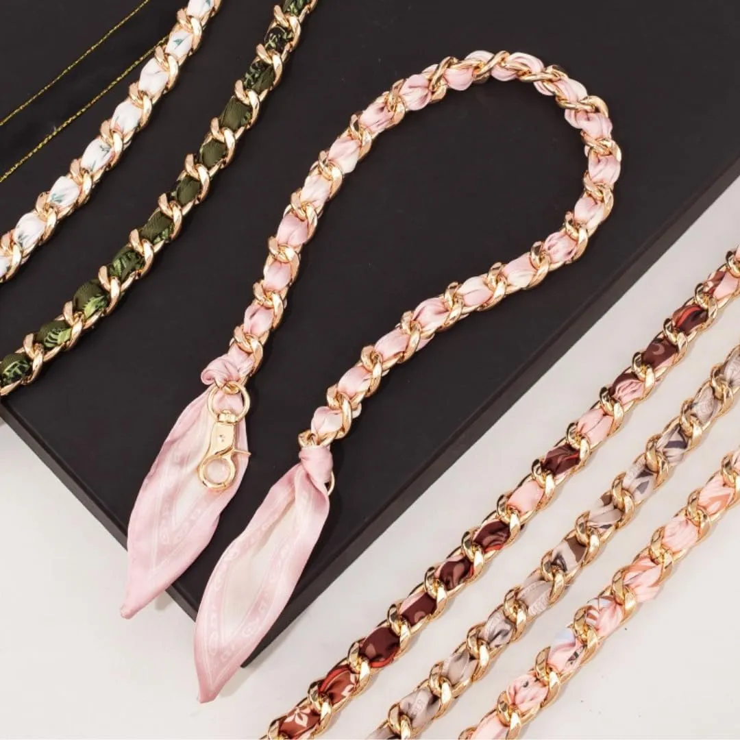 Silk-Wrapped Gold Bag Chain Charm Purse Strap Handle for Women, Handbag Replacement Shoulder Strap with Scarf