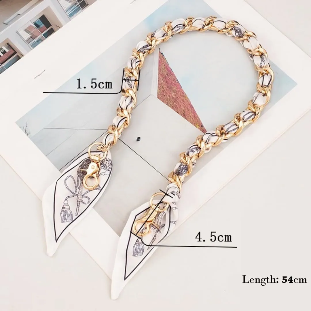 Silk-Wrapped Gold Bag Chain Charm Purse Strap Handle for Women, Handbag Replacement Shoulder Strap with Scarf