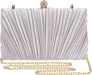 Silver Evening Bags For Women Pleated Satin Rhinestone Clutch Purse With Detachable Chain Strap M279A