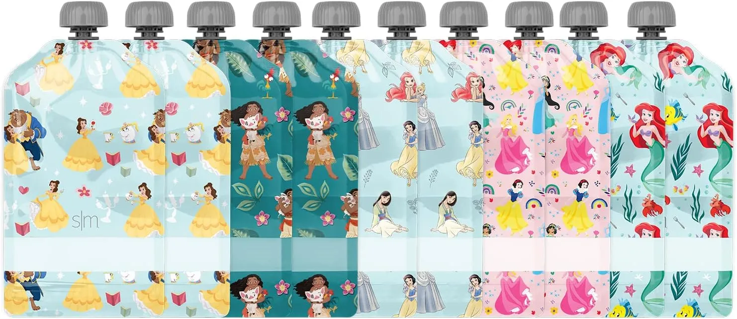 Simple Modern Disney Reusable Baby Food Pouches for Toddlers | BPA Free Plastic, Food Safe, Freezer Safe | Refillable for Applesauce Yogurt & Puree Squeeze Pouch | 10 pack | 5oz | Disney Princesses