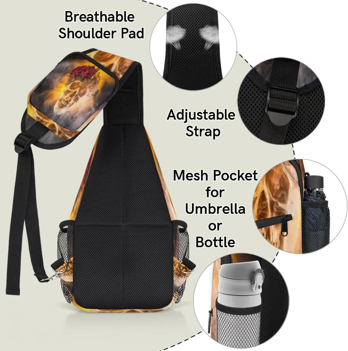 Skeleton Firelight Sling Bag for Women Men Crossbody Sling Backpack Shoulder Bag Chest Bag Daypack for Travel Hiking Outdoor