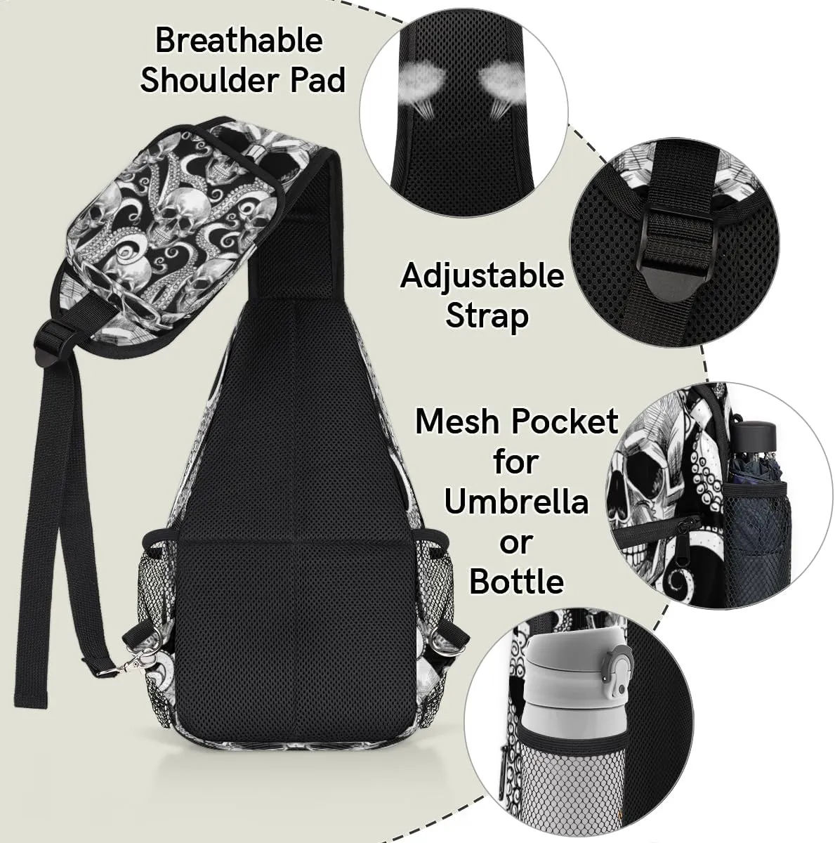 Skeleton Octopus Tentacles Sling Bag for Women Men Crossbody Sling Backpack Shoulder Bag Chest Bag Daypack for Travel Hiking Outdoor