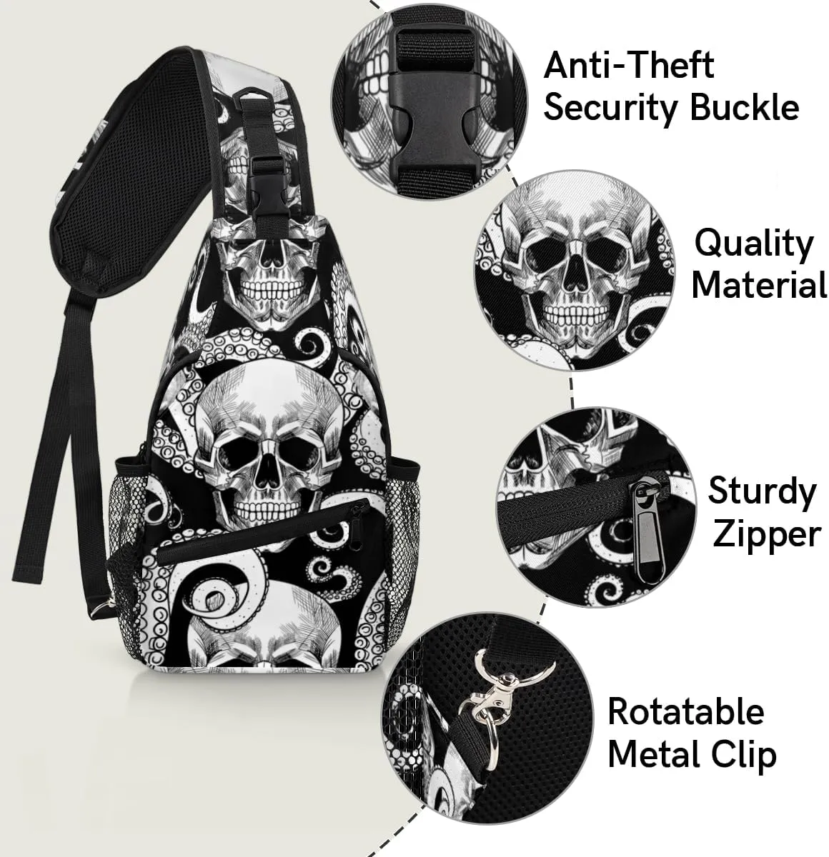 Skeleton Octopus Tentacles Sling Bag for Women Men Crossbody Sling Backpack Shoulder Bag Chest Bag Daypack for Travel Hiking Outdoor