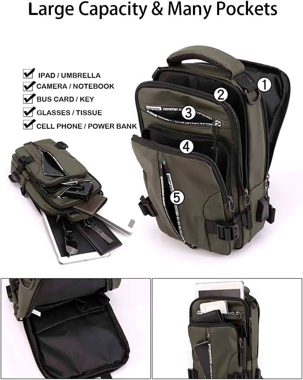 Sling Backpack Crossbody Shoulder Chest Bag for Men Women Travel Hiking Daypack with USB Cable