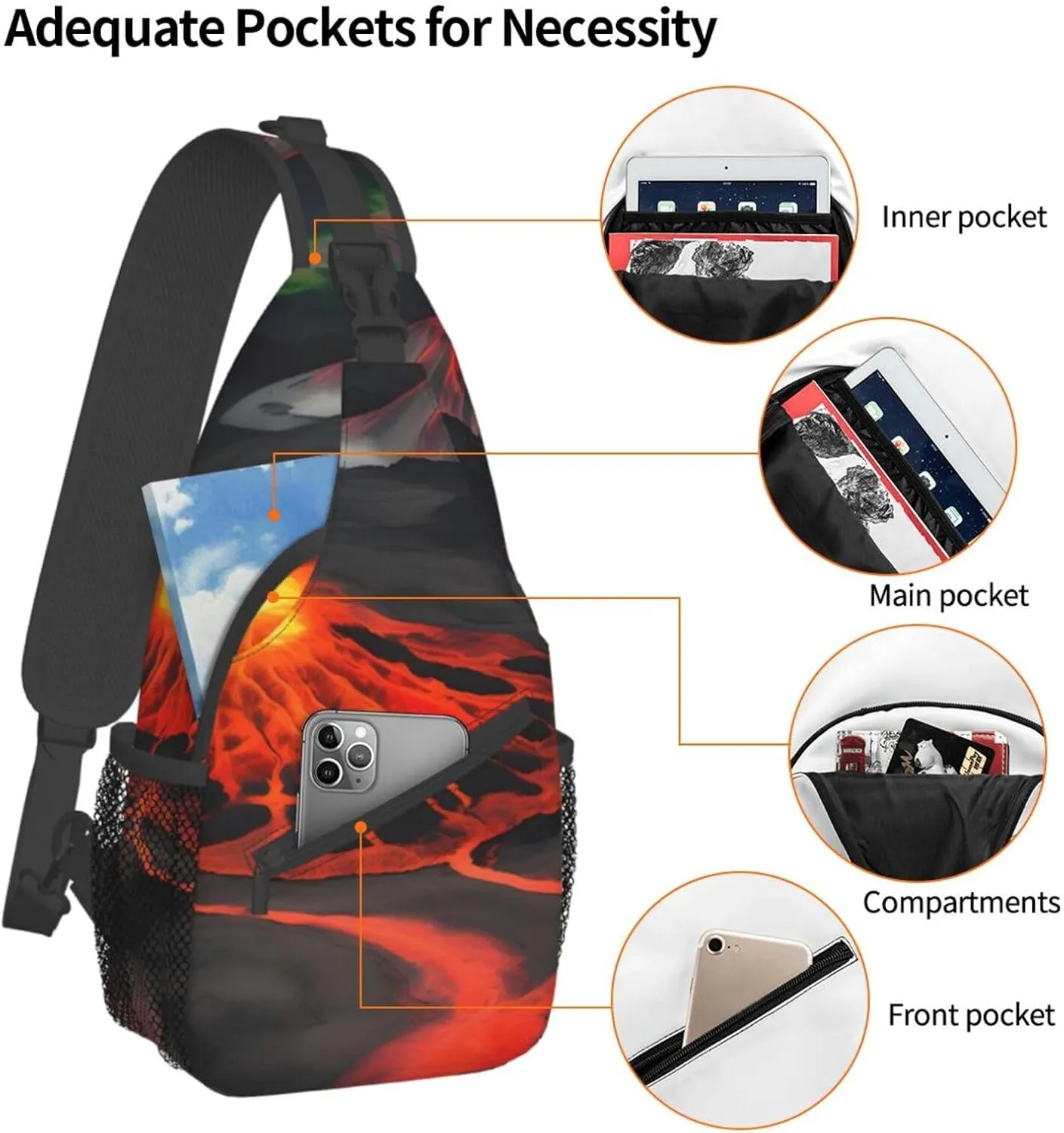 Sling Backpack,Men Cross Chest Bag Diagonally,Durable Adjustable Outdoor Cycling Travel Bag,Kilauea Volcanos Print