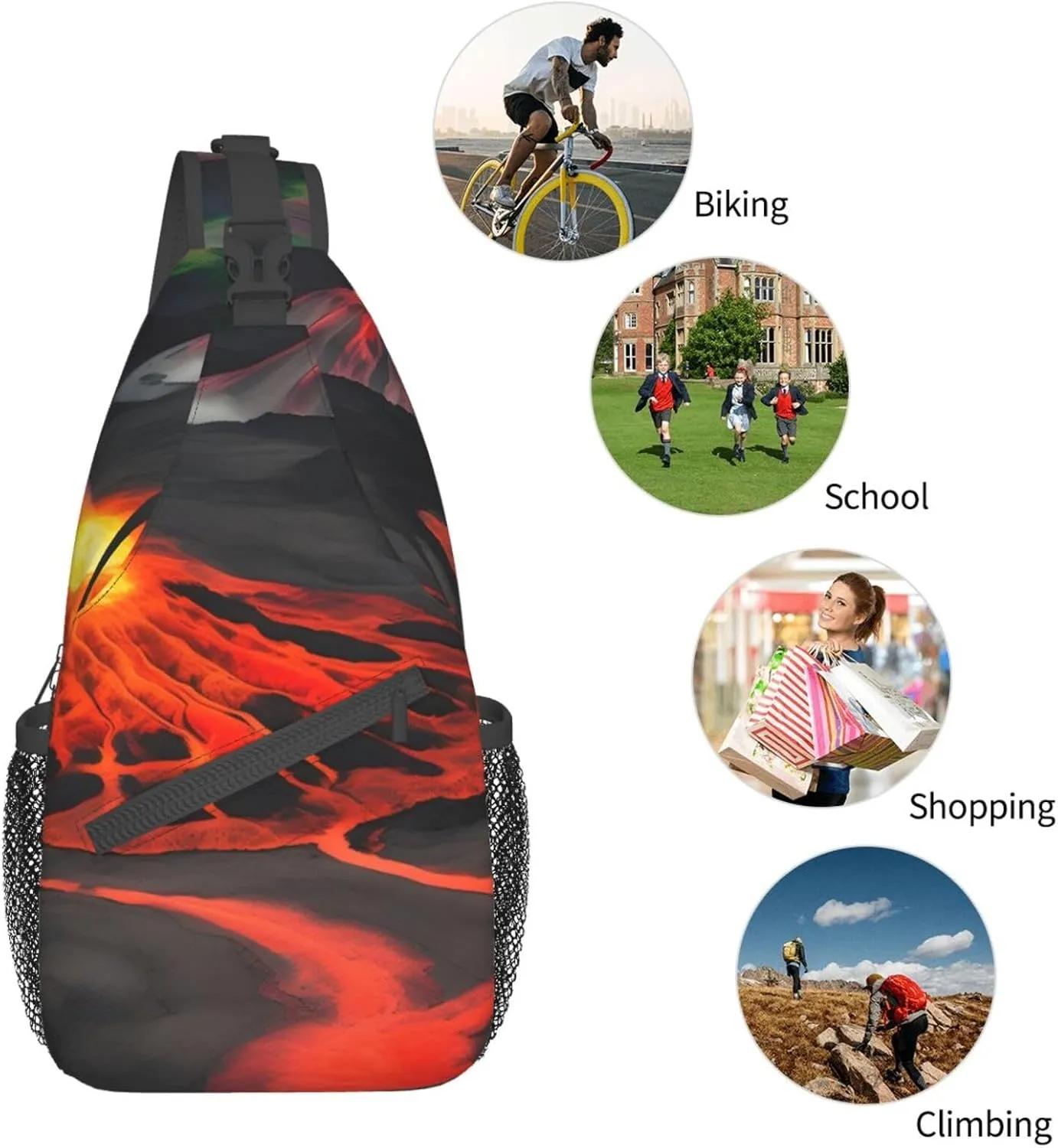 Sling Backpack,Men Cross Chest Bag Diagonally,Durable Adjustable Outdoor Cycling Travel Bag,Kilauea Volcanos Print