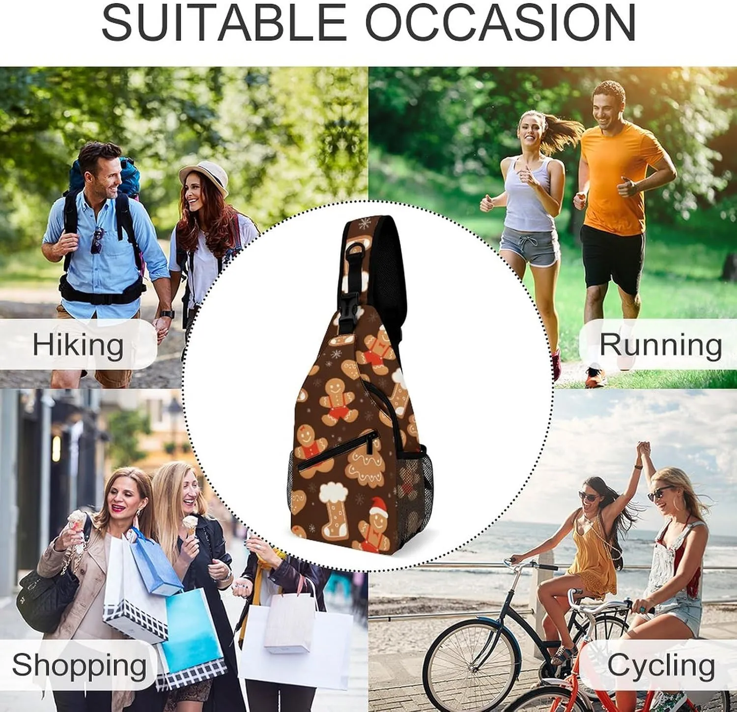 Sling Bag Christmas Gingerbread Cookies Crossbody Shoulder Backpack Boot Snow Tree Adjustable Lightweight Travel Hiking Chest Bag for Men Women