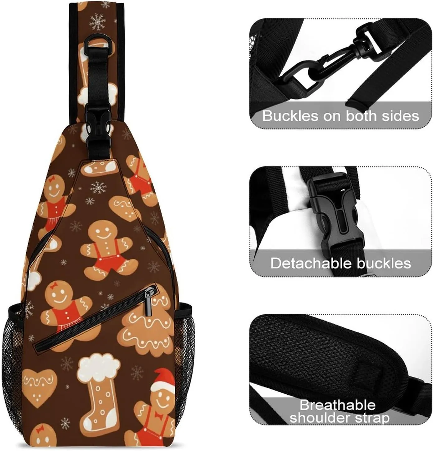 Sling Bag Christmas Gingerbread Cookies Crossbody Shoulder Backpack Boot Snow Tree Adjustable Lightweight Travel Hiking Chest Bag for Men Women