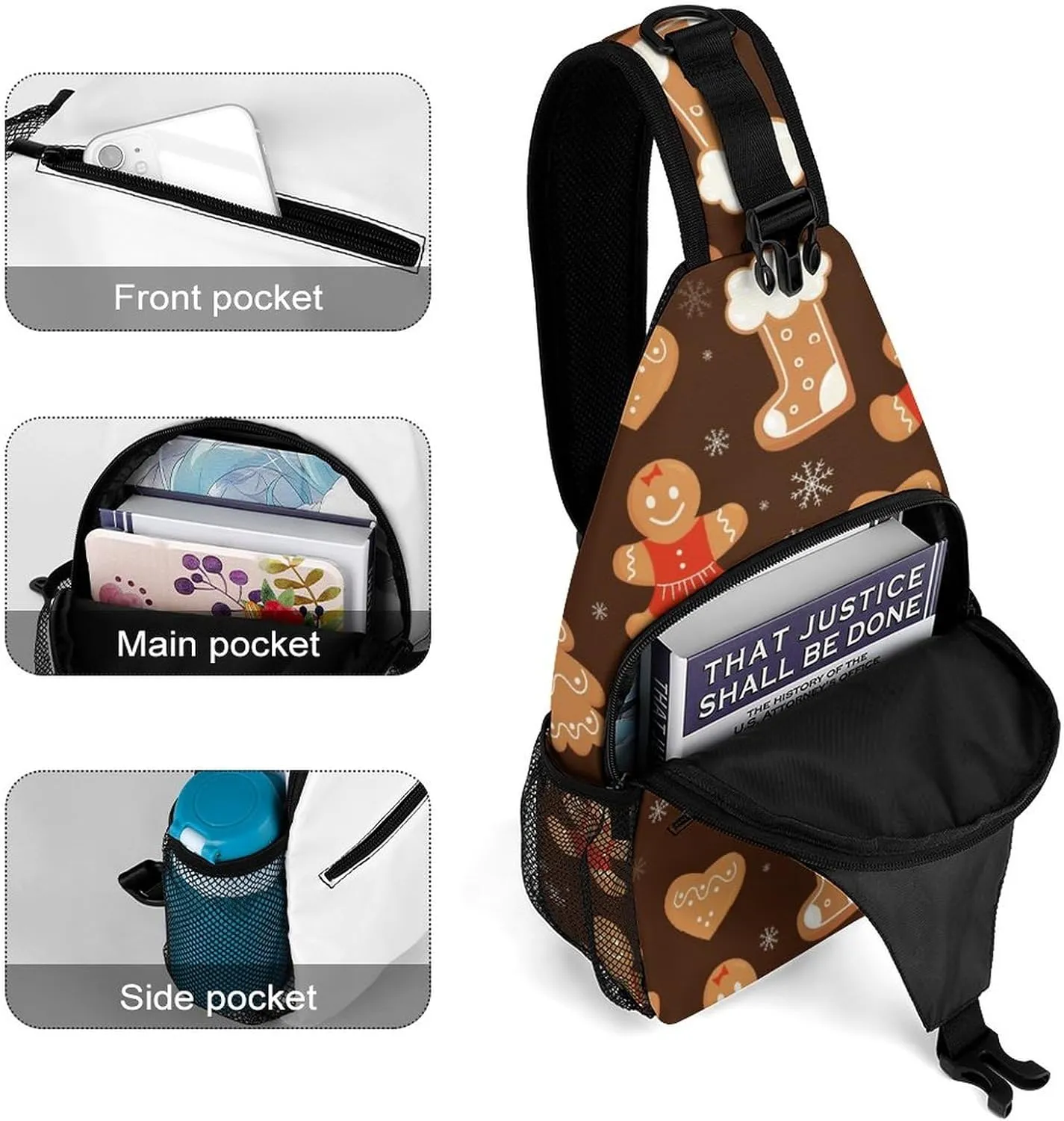 Sling Bag Christmas Gingerbread Cookies Crossbody Shoulder Backpack Boot Snow Tree Adjustable Lightweight Travel Hiking Chest Bag for Men Women