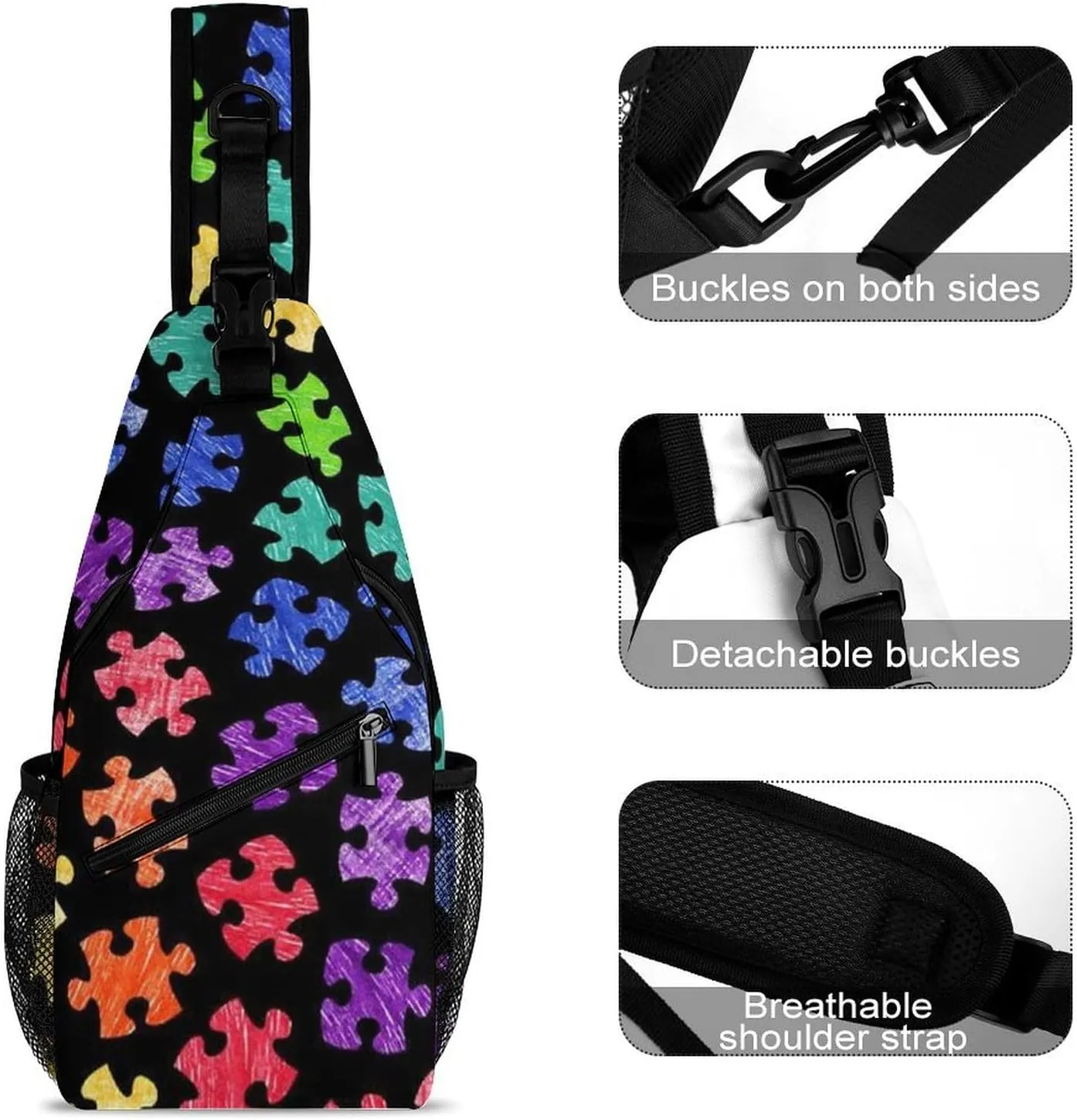 Sling Bag Crossbody Sling Backpack for Women Men Travel Hiking Daypack Chest Shoulder Bag (for Colorful Autism Awareness Pattern)