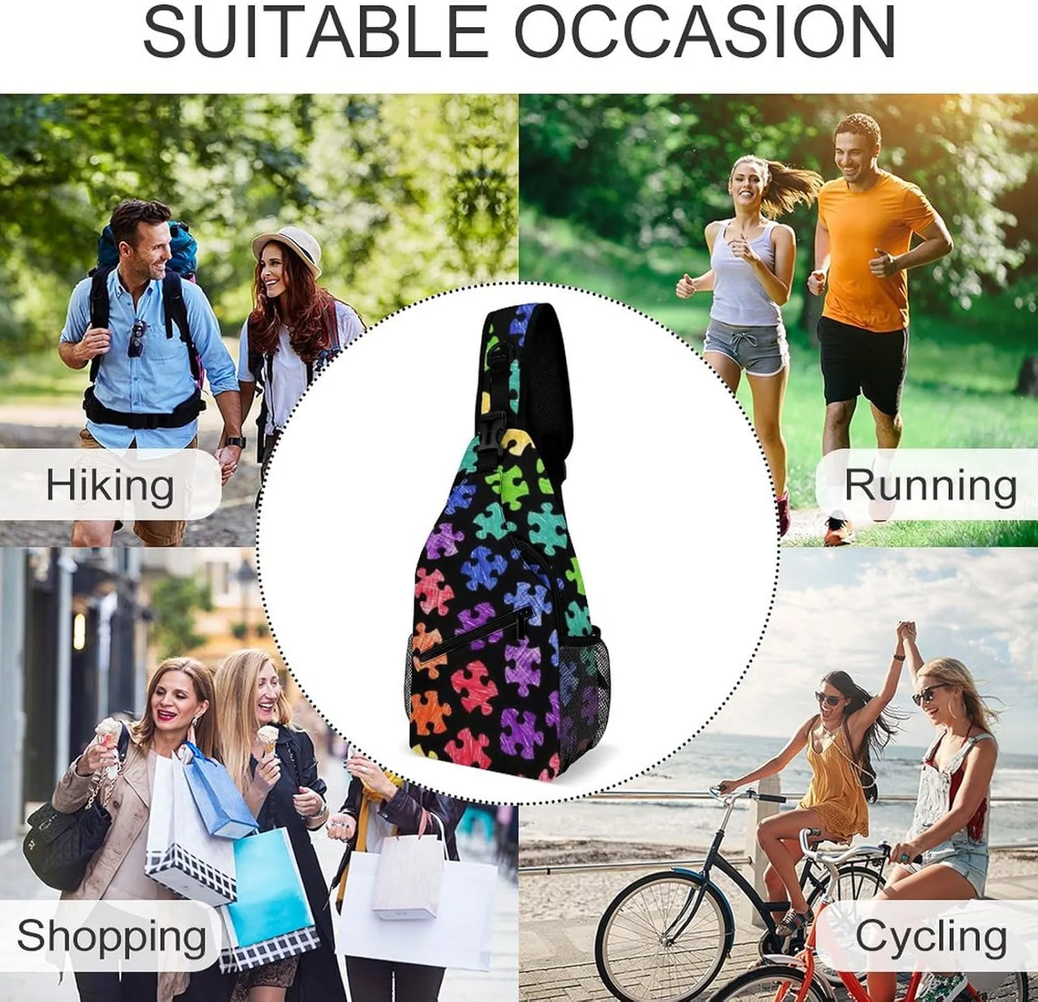 Sling Bag Crossbody Sling Backpack for Women Men Travel Hiking Daypack Chest Shoulder Bag (for Colorful Autism Awareness Pattern)