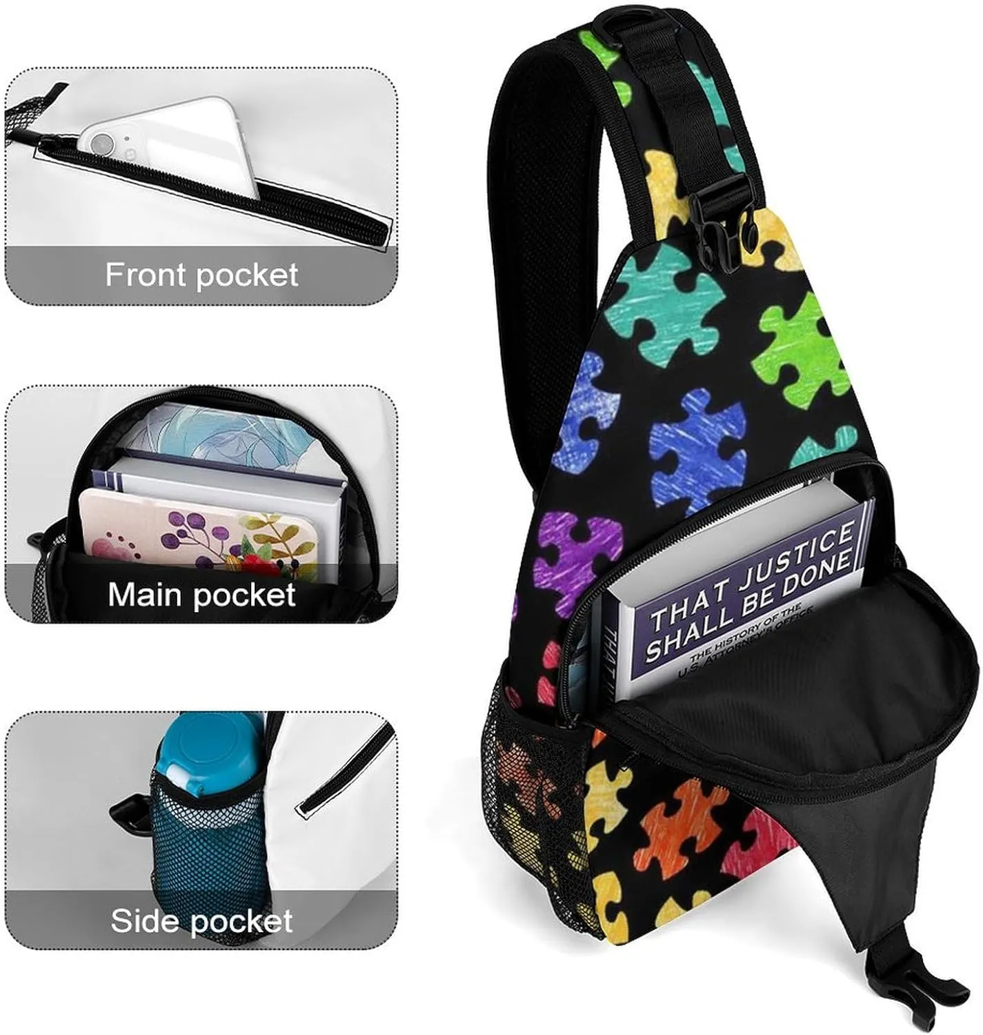 Sling Bag Crossbody Sling Backpack for Women Men Travel Hiking Daypack Chest Shoulder Bag (for Colorful Autism Awareness Pattern)