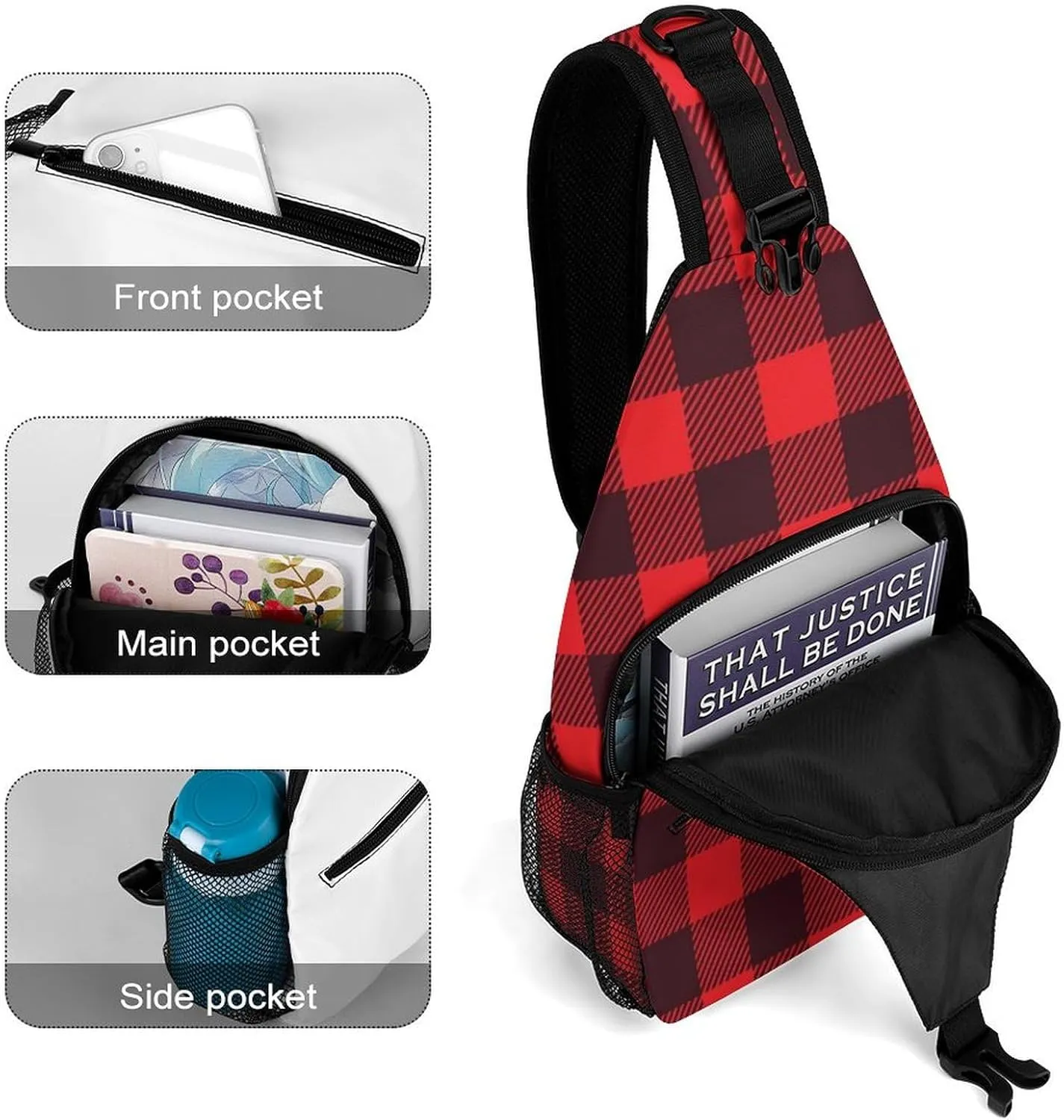 Sling Bag Crossbody Travel Hiking Chest Backpack Shoulder Daypack for Women Men (for Red Black Buffalo Check Plaid Pattern)