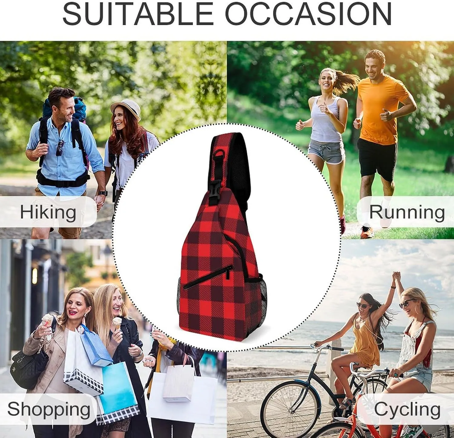 Sling Bag Crossbody Travel Hiking Chest Backpack Shoulder Daypack for Women Men (for Red Black Buffalo Check Plaid Pattern)