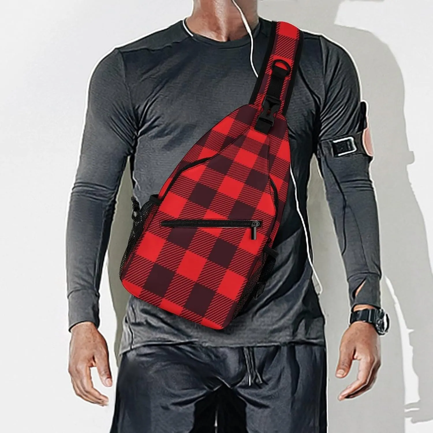 Sling Bag Crossbody Travel Hiking Chest Backpack Shoulder Daypack for Women Men (for Red Black Buffalo Check Plaid Pattern)