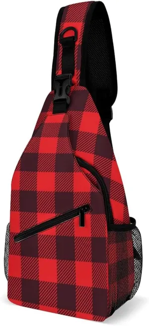 Sling Bag Crossbody Travel Hiking Chest Backpack Shoulder Daypack for Women Men (for Red Black Buffalo Check Plaid Pattern)