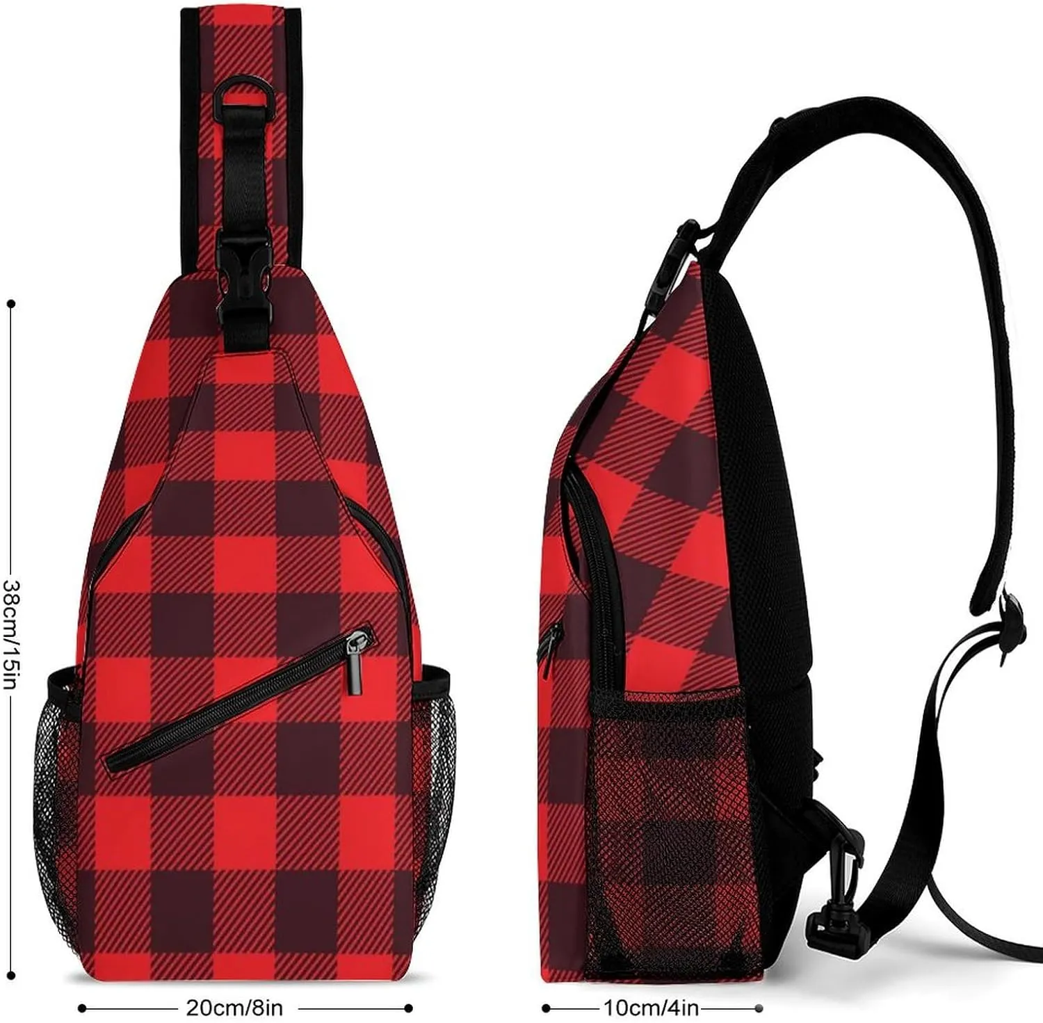 Sling Bag Crossbody Travel Hiking Chest Backpack Shoulder Daypack for Women Men (for Red Black Buffalo Check Plaid Pattern)