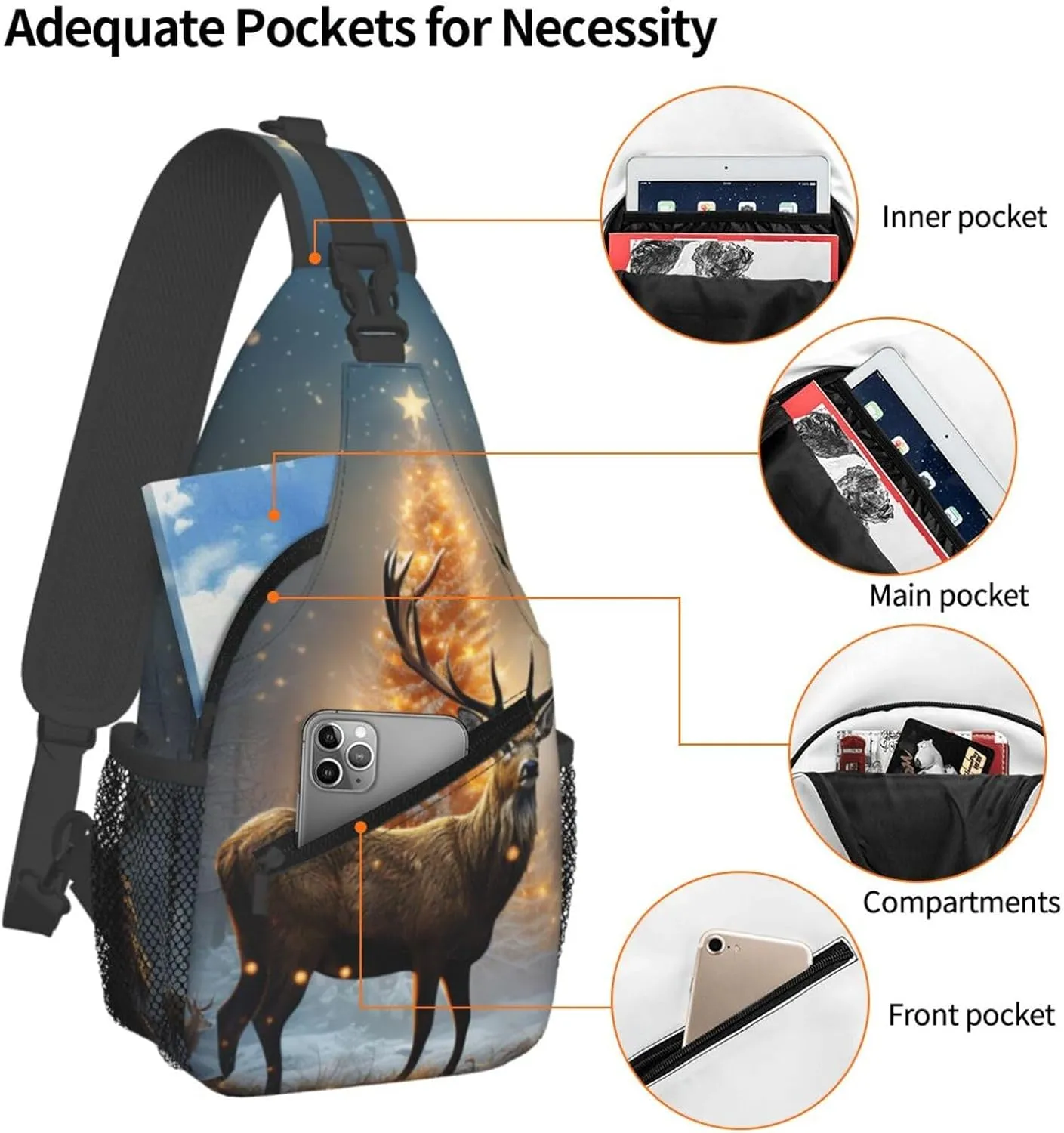 Sling Bag for Women Men Crossbody Bag Sling Backpack Christmas Tree and Deer Cross Body Bag Adjustable Chest Bag