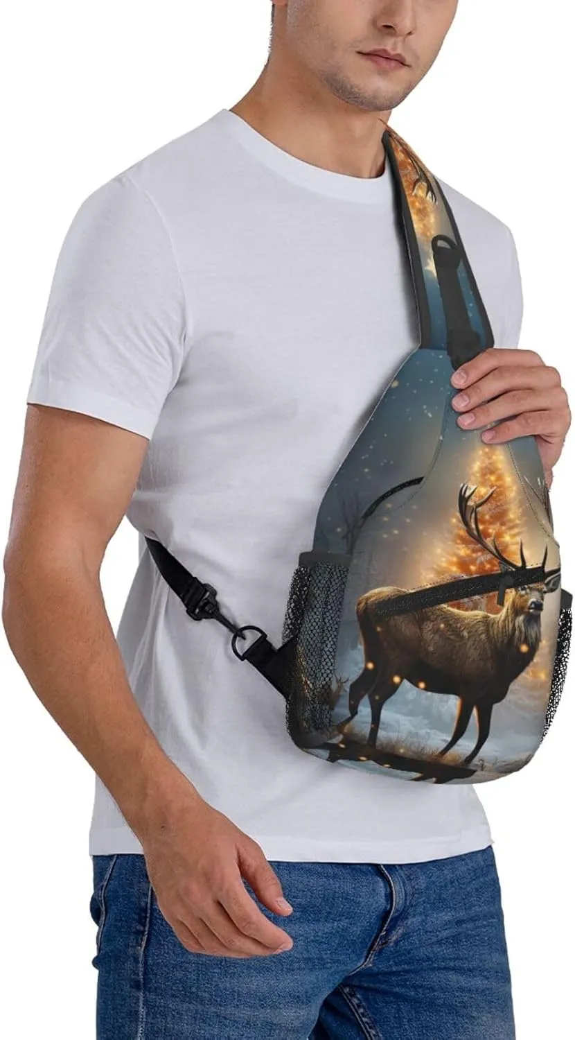 Sling Bag for Women Men Crossbody Bag Sling Backpack Christmas Tree and Deer Cross Body Bag Adjustable Chest Bag