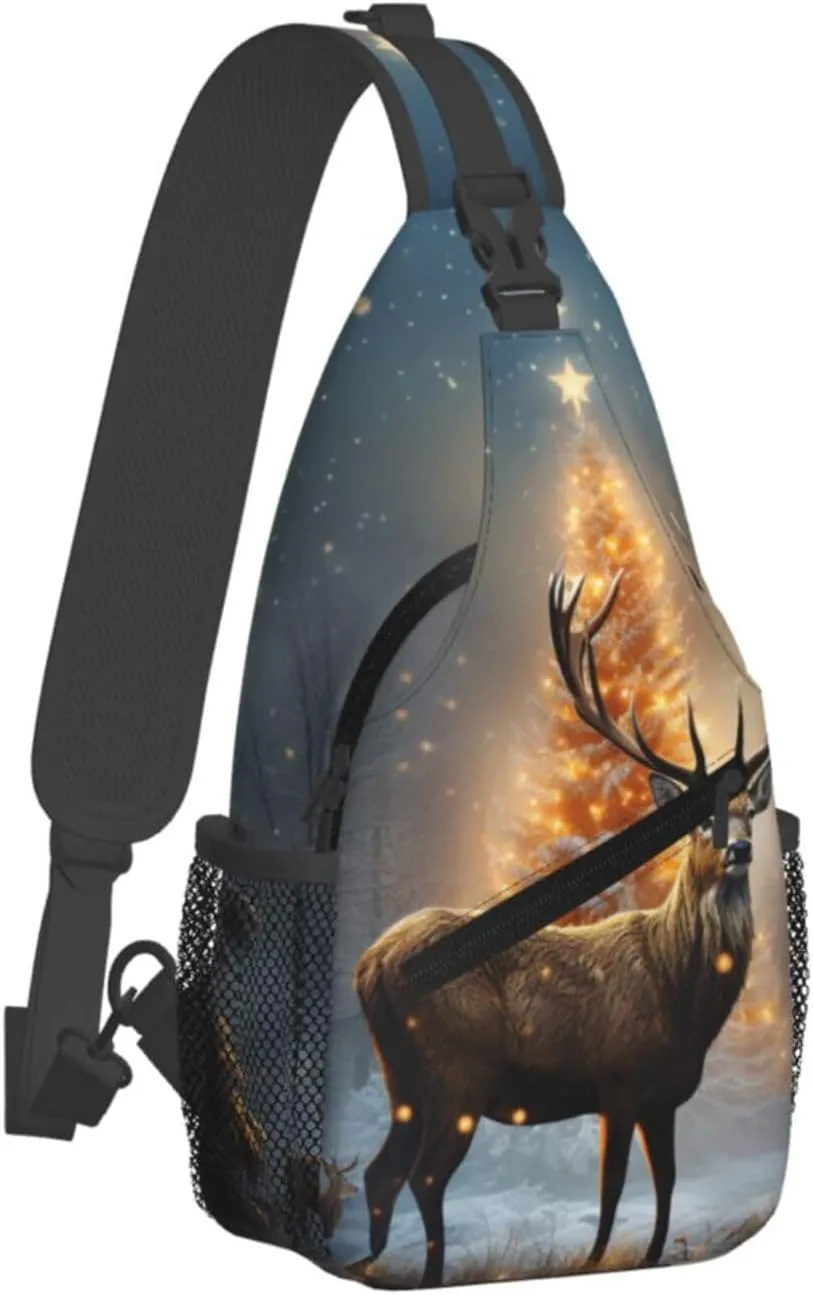 Sling Bag for Women Men Crossbody Bag Sling Backpack Christmas Tree and Deer Cross Body Bag Adjustable Chest Bag