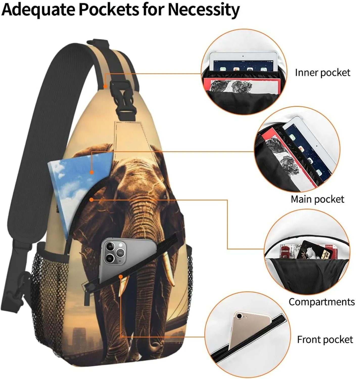 Sling Bag for Women Men Crossbody Bag Sling Backpack Elephant On A Bridge Cross Body Bag Adjustable Chest Bag