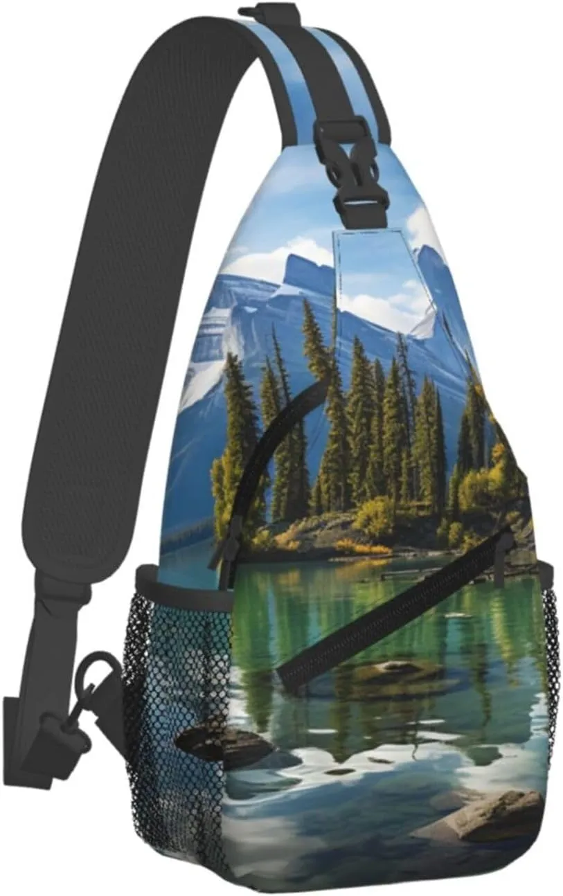 Sling Bag for Women Men Crossbody Bag Sling Backpack Spirit Island in Maligne Lake Cross Body Bag Adjustable Chest Bag