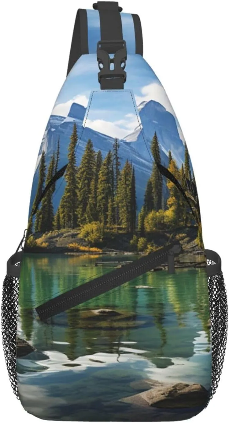 Sling Bag for Women Men Crossbody Bag Sling Backpack Spirit Island in Maligne Lake Cross Body Bag Adjustable Chest Bag