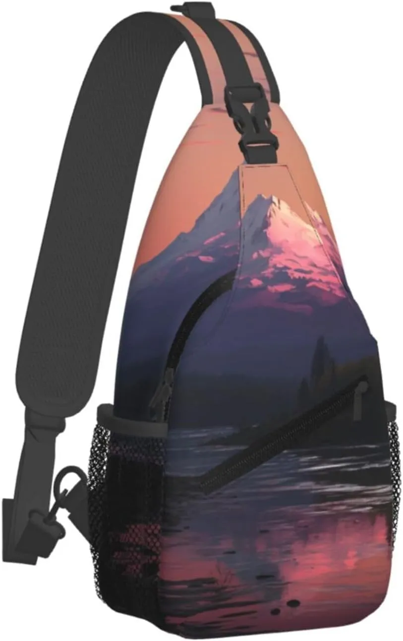 Sling Bag for Women Men Crossbody Bag Sling Backpack Sunset landscape Mountains Lake Cross Body Bag Adjustable Chest Bag