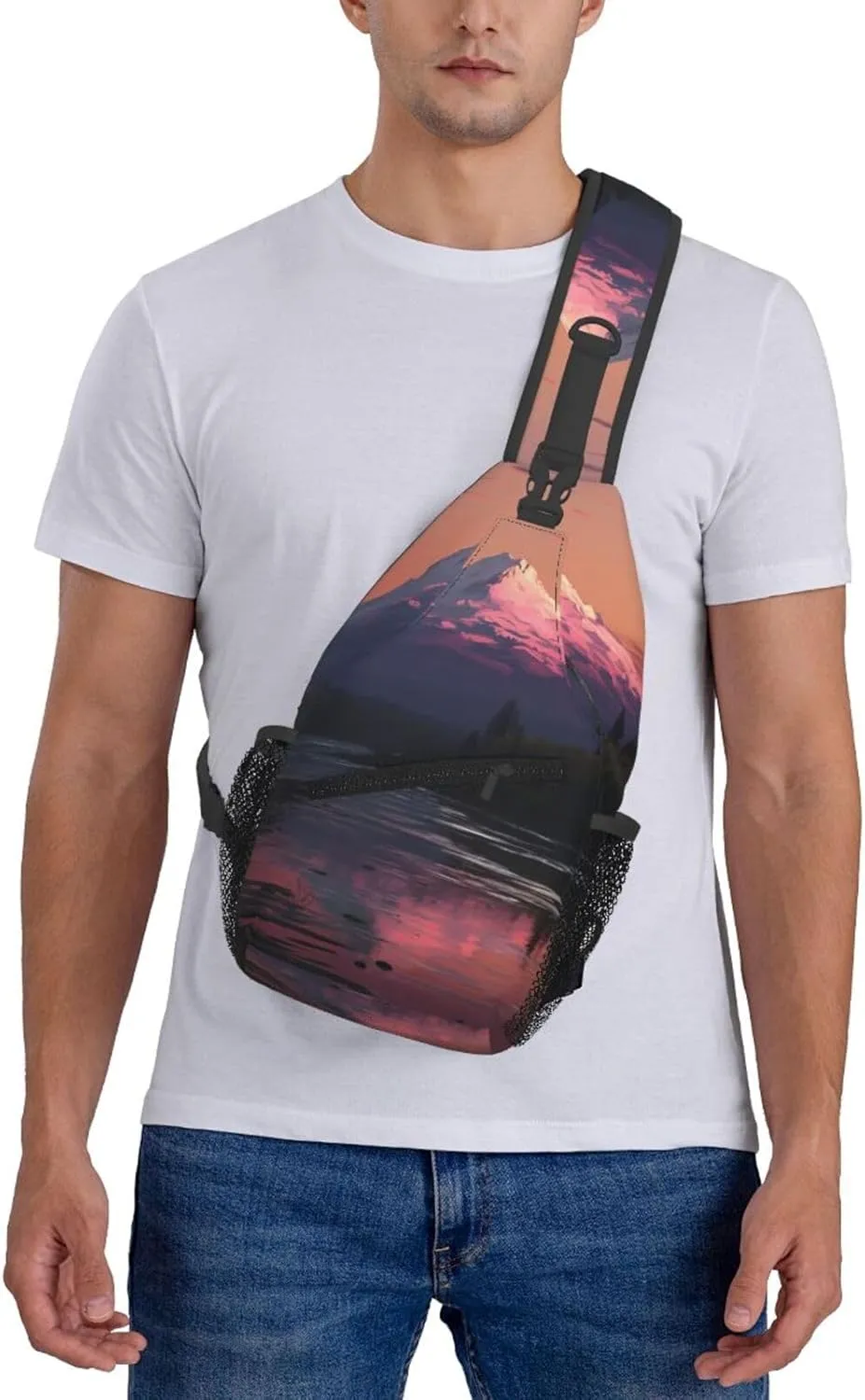 Sling Bag for Women Men Crossbody Bag Sling Backpack Sunset landscape Mountains Lake Cross Body Bag Adjustable Chest Bag