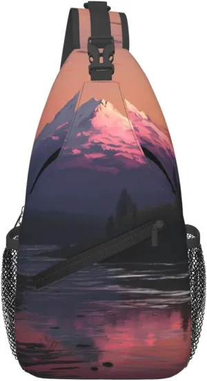 Sling Bag for Women Men Crossbody Bag Sling Backpack Sunset landscape Mountains Lake Cross Body Bag Adjustable Chest Bag