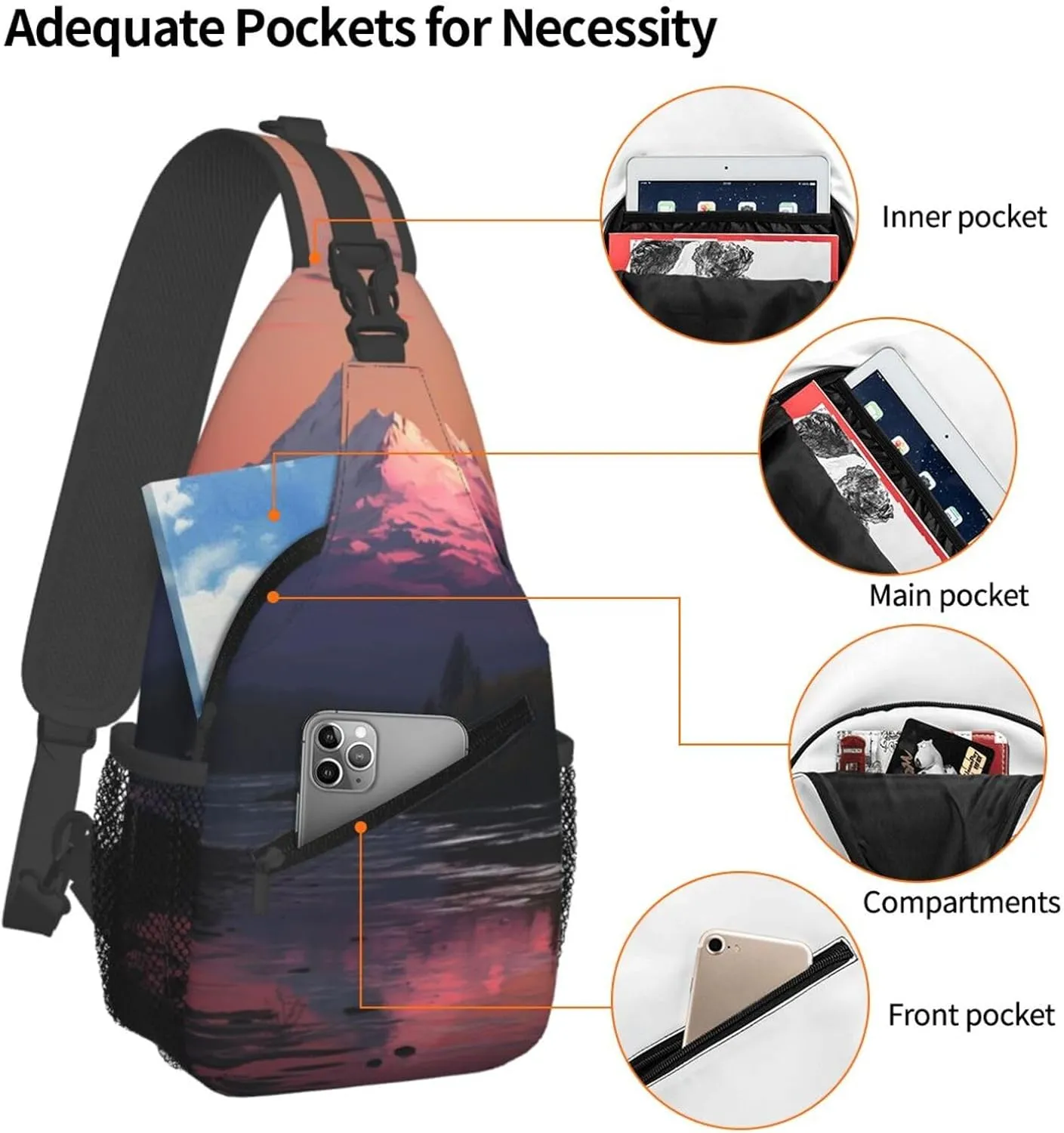 Sling Bag for Women Men Crossbody Bag Sling Backpack Sunset landscape Mountains Lake Cross Body Bag Adjustable Chest Bag