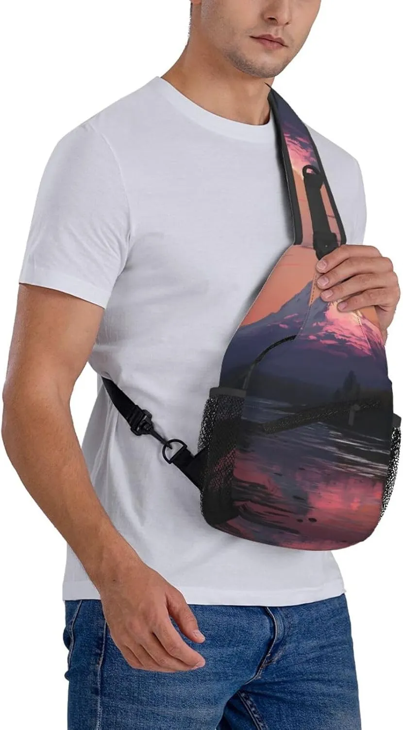 Sling Bag for Women Men Crossbody Bag Sling Backpack Sunset landscape Mountains Lake Cross Body Bag Adjustable Chest Bag