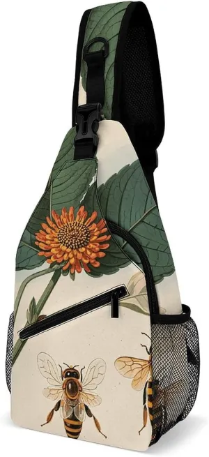 Sling Bag for Women Men Vintage Botanical Bee Illustration Crossbody Bag Hiking Chest Bag Crossbody Fanny Pack Fashion Waist Packs Casual Daypack Backpacks Shoulder Bag for Travel