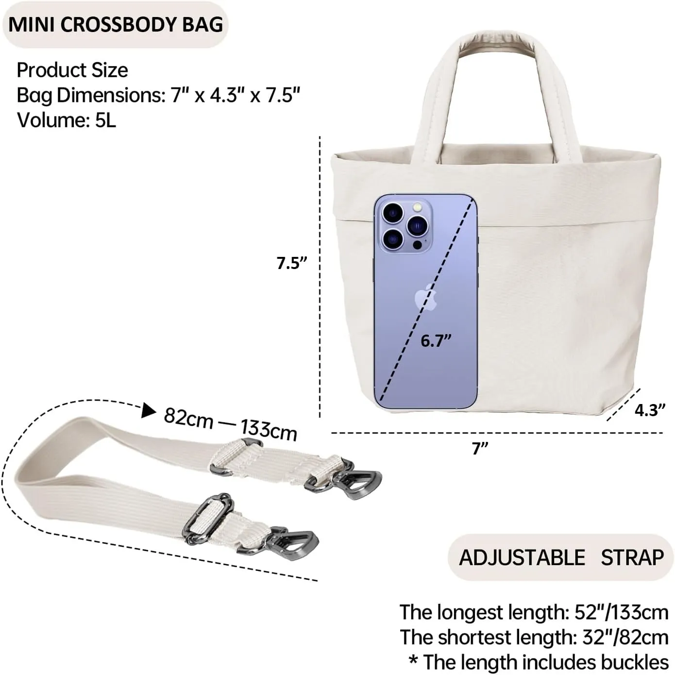 Small Crossbody Tote Bag for Women, 5L Nylon Shoulder Bag Multi Pockets Travel Purse, Adjustabal Strap Work College