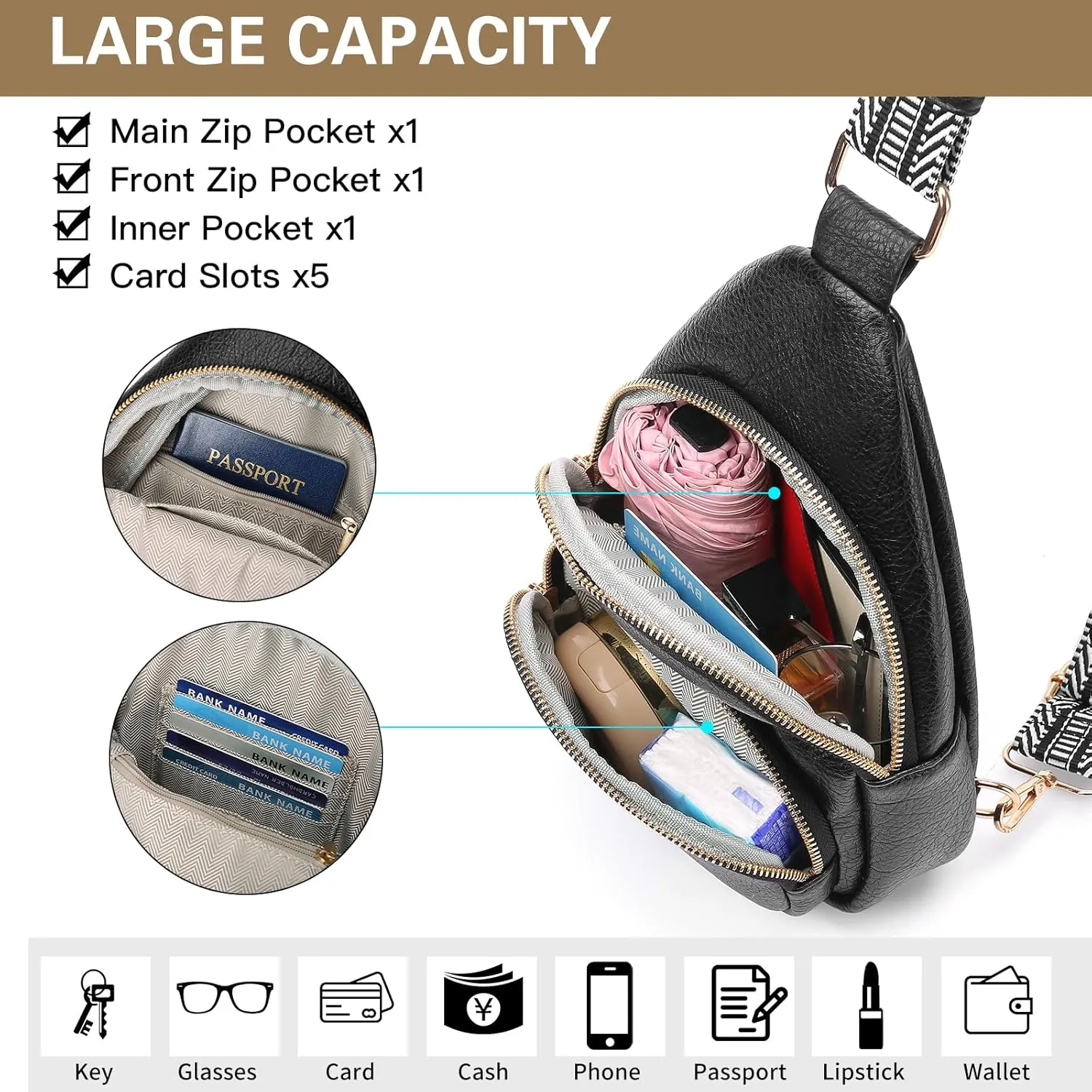 Small Sling Bag for Women, Vegan Leather Crossbody Fanny Packs Chest Bag With Guitar Strap
