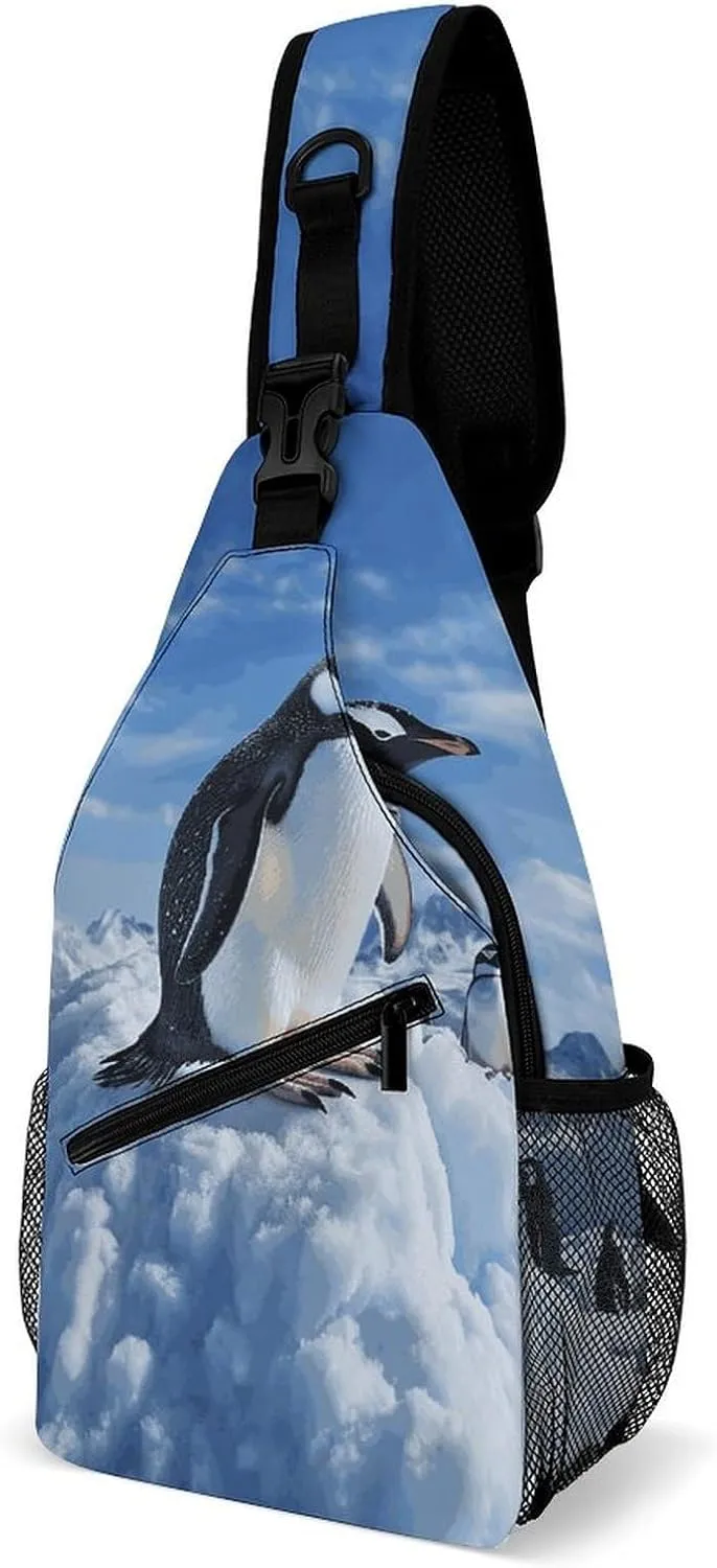 Snow Mountain Penguin Crossbody Sling Bag for Women Men Sling Backpack Travel Chest Bag Pack Man Purse Shoulder Bags Daypack for Travel Hiking Cycling