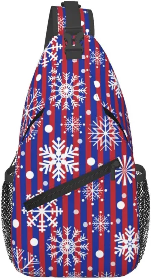 Snowflakes Red Blue Stripes Christmas Cross Chest Bag Diagonally Hiking Crossbody Bag Travel Shoulder Daypack Lightweight Sling Backpack Cycling Daypacks Fitness Chest Backpacks
