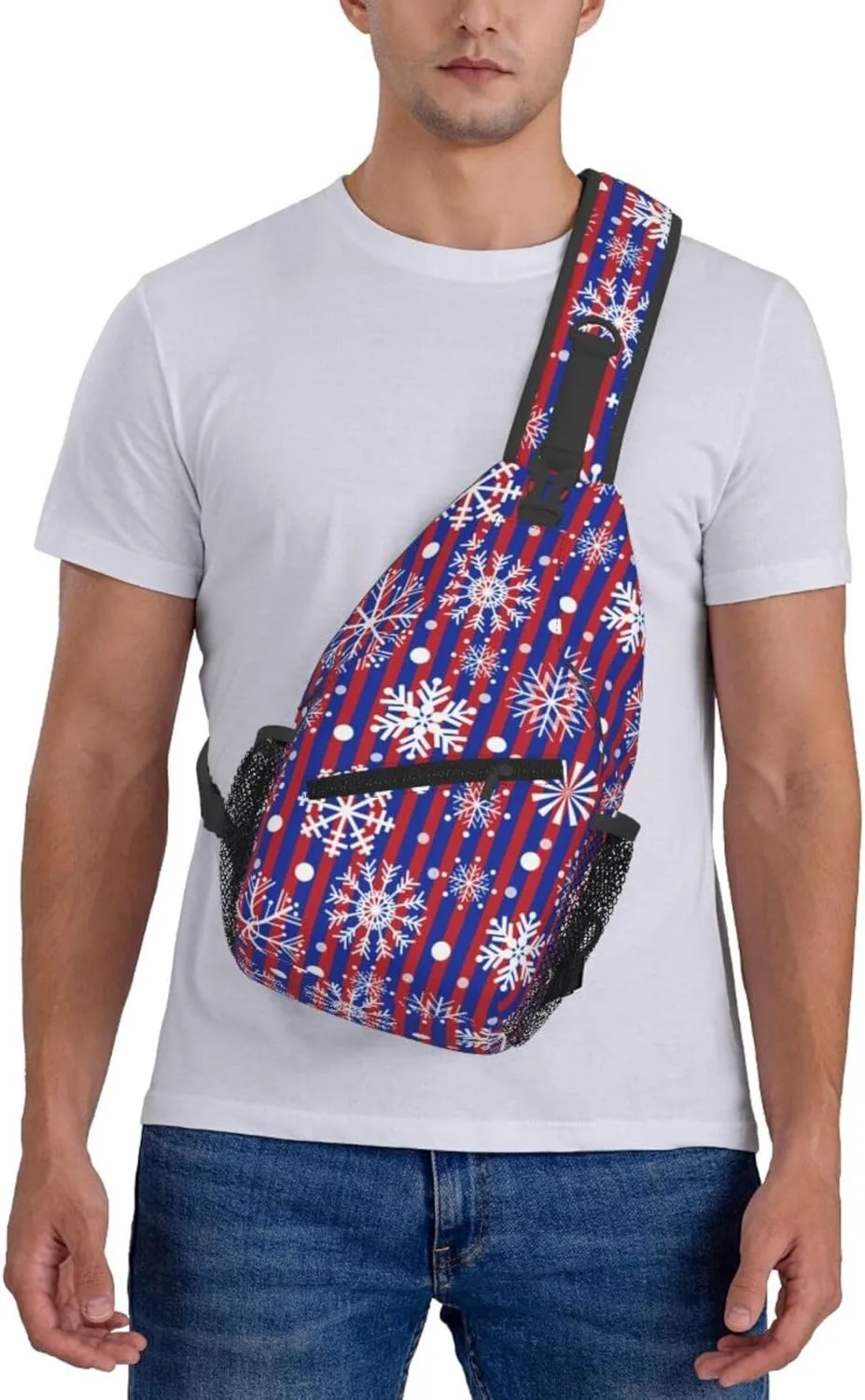 Snowflakes Red Blue Stripes Christmas Cross Chest Bag Diagonally Hiking Crossbody Bag Travel Shoulder Daypack Lightweight Sling Backpack Cycling Daypacks Fitness Chest Backpacks