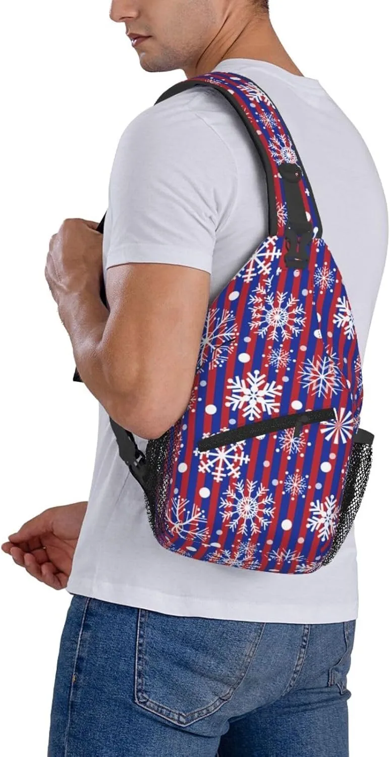Snowflakes Red Blue Stripes Christmas Cross Chest Bag Diagonally Hiking Crossbody Bag Travel Shoulder Daypack Lightweight Sling Backpack Cycling Daypacks Fitness Chest Backpacks