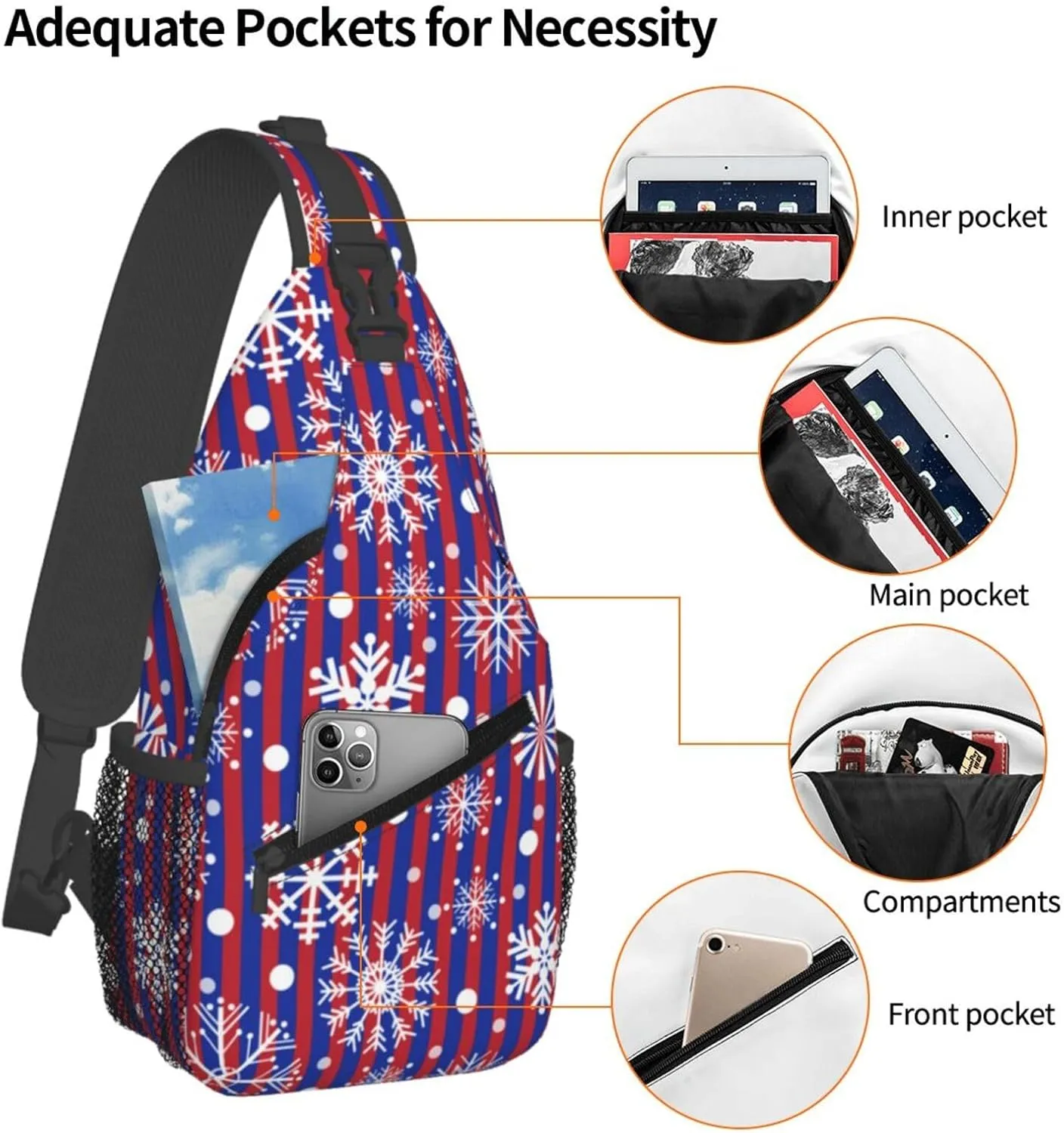 Snowflakes Red Blue Stripes Christmas Cross Chest Bag Diagonally Hiking Crossbody Bag Travel Shoulder Daypack Lightweight Sling Backpack Cycling Daypacks Fitness Chest Backpacks
