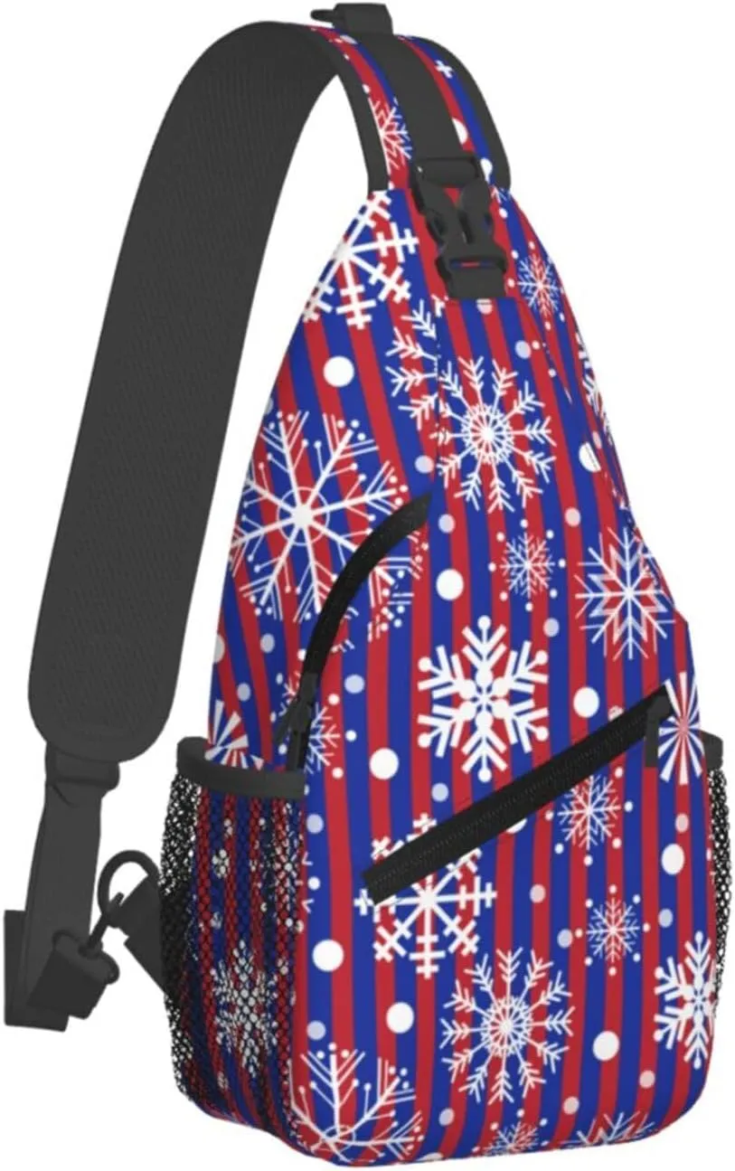 Snowflakes Red Blue Stripes Christmas Cross Chest Bag Diagonally Hiking Crossbody Bag Travel Shoulder Daypack Lightweight Sling Backpack Cycling Daypacks Fitness Chest Backpacks
